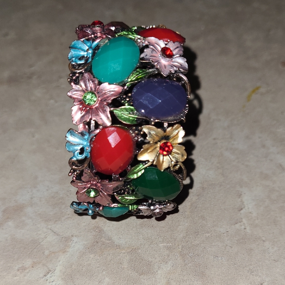 Vintage Style Floral Cuff Bracelet Multicolor Cabochon Statement Boho Wide